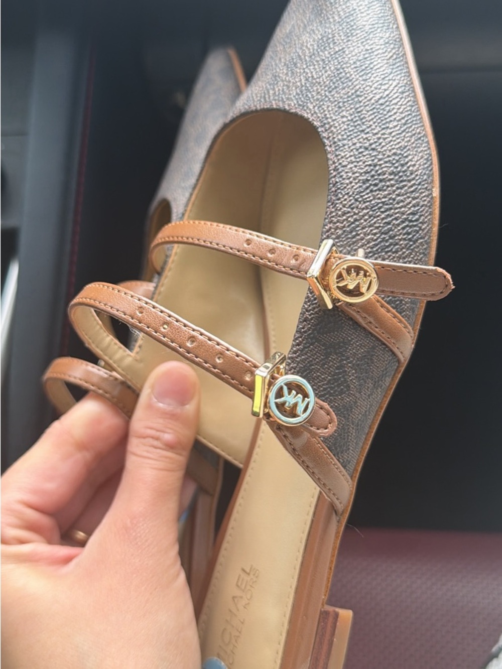 MICHAEL Michael Kors Brown Logo-Print Mary Jane Flats with Tan Straps